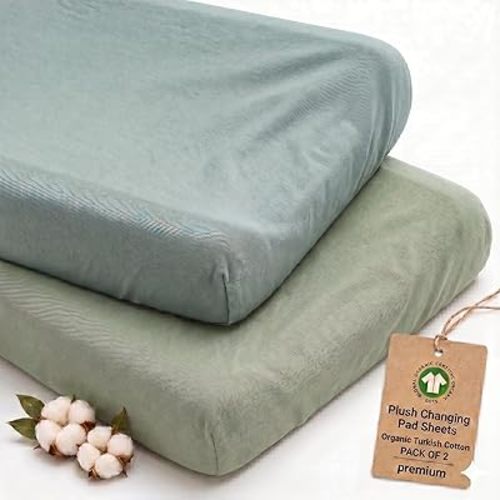 2-Pack Thick Organic Changing Pad Covers Boy, Girl - GOTS 100% Certified Organic Turkish Cotton Changing Table Pad Cover, Baby Nursery Diaper Changing Pad Sheets,Table Contour Pads Cover Green