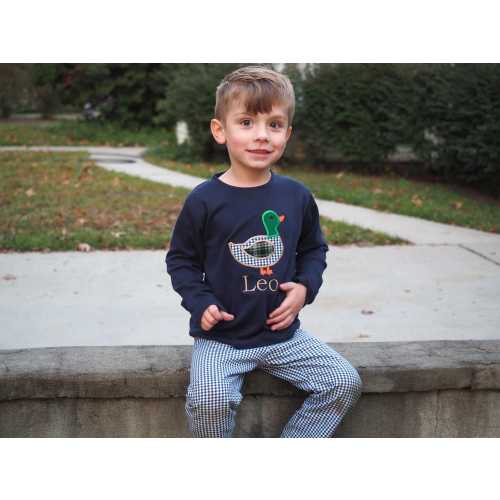 Fall Boys Appliqued Clothes - Navy Blue Mallard Shirt - Personalized Monogrammed Toddler Boy T-Shirt - Navy Gingham Pants Set - Little Boy