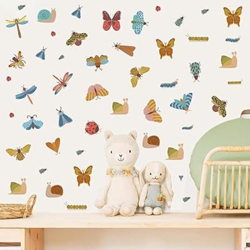 Cute Insect Wall Decals Cartoon Insects Stickers Small Animal Butterfly Dragonfly Snail Bug Decals Nursery Decor Peel and Stick Watercolor Boho Wall Stickers for Kids Room Baby Bedroom