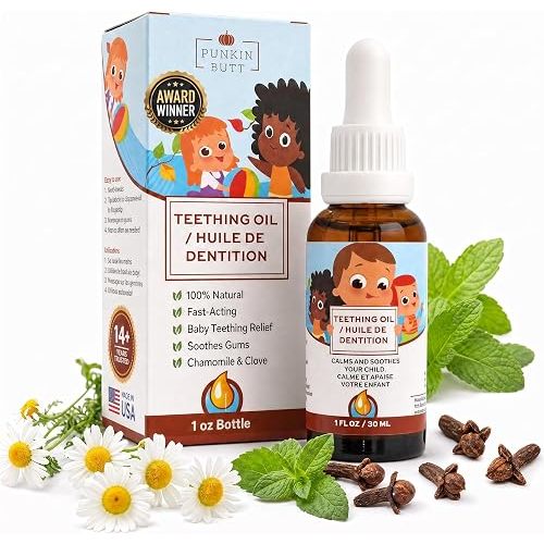 Punkin Butt - Natural Herbal Teething Oil for Babies - Daily Use Soothing Relief Drops | Baby, Infant, Toddler Gum & Tooth Relief | Organic Chamomile, Clove & Peppermint Infusion - 1oz with Dropper
