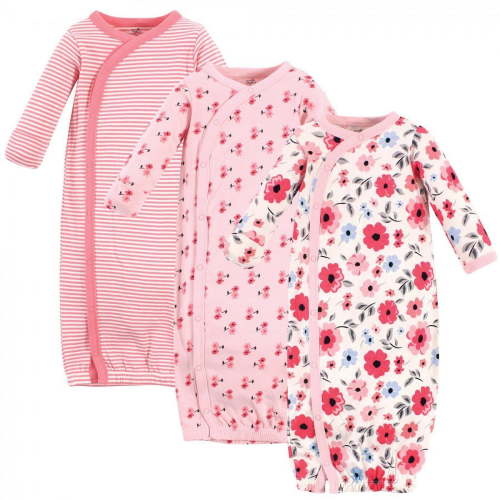 Touched by Nature Baby Girl Organic Cotton Side-Closure Snap Long-Sleeve Gowns 3pk, Coral Garden, 0-6 Months