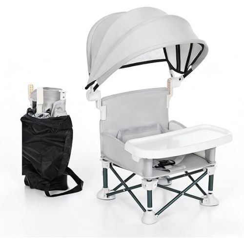 Portable Baby Chair Compact Fold | 4-in-1 Travel Booster Seat with Tray Awning| Foldable High Chair with Safety Belt | Baby Booster Seat for Camping, Beach, Lawn | Baby Seat Booster High Chair (Grey)
