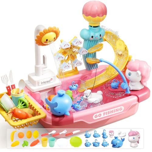 CUTE STONE Play Kitchen Sink with Running Water, Toddler Play Sink for Kids, Toy Sink with Electric Faucet, Fishing Game, Pretend Dishwasher, Water Table Toys & Kitchen Accessories for Girls