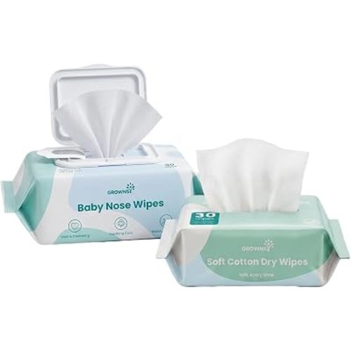 GROWNSY 2-in-1 Saline Baby Nose Wipes and Cotton Dry Wipes, 60 Count