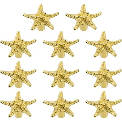 10 Pieces Starfish Knobs Coastal Beach Ocean Theme Single Hole Pulls Handles With Screws for Cabinet Drawer Cupboard (Gold)