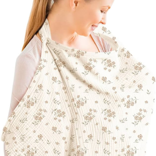 Konssy Muslin Nursing Cover for Baby Breastfeeding, Breathable 100% Cotton Breastfeeding Cover with Rigid Hoop for Mother Nursing Apron, Multi-use Carseat Canopy (Blossom)
