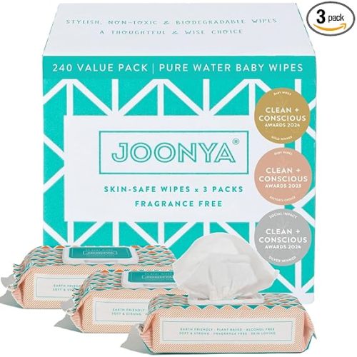 JOONYA Unscented Baby Wipes — Plant-Based, Fragrance-Free Bulk Diaper Wipes | Hypoallergenic, Non-Toxic & Biodegradable Wet Wipes for Sensitive Newborn Skin | 3 Packs of 80 (240 Total)