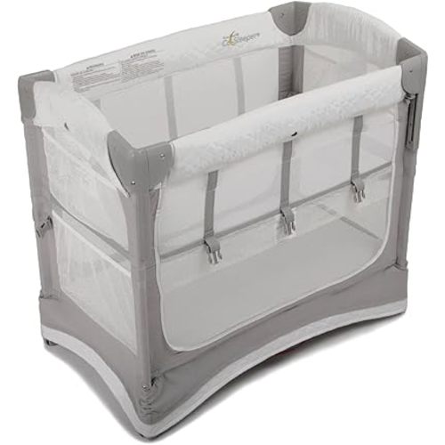 Arm’s Reach Mini Ezee 3 in 1 Co-Sleeper Folding Bedside Bassinet and Play Yard Featuring Breathable Mesh Sides with Side Pockets for Storage and 4-Inch Sleeping Nest Height