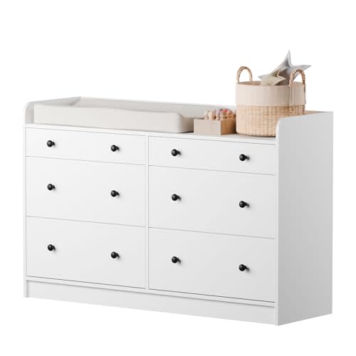 Cozy Castle Baby Dresser with 6 Drawers and Large Table Top, Multi-Functional Chest of Drawer, Drawer Dresser with Three-Sided High Rails for Nursery, Children's Room, Bedroom, White