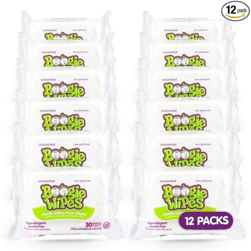 Saline Nose Wipes by Boogie, for Baby & Kids, Face, Hand & Body, Made with Vitamin E, Aloe, and Natural Saline, Unscented, 30 Count (Pack of 12)