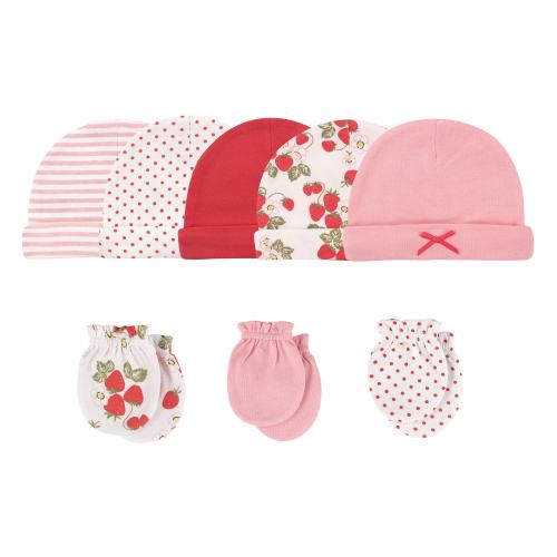 Hudson Baby Infant Girl Cotton Cap and Scratch Mitten 8pc Set, Strawberries, 0-6 Months - Strawberries