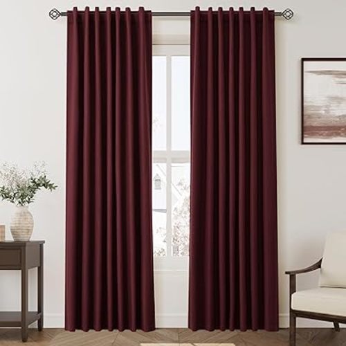 Nanspring Burgundy Linen Blackout Curtains 84 Inches Long Back Tab Rod Pocket Cooling Noise Reducing Thermal Insulated 100% Blackout 2 Panels Set for Bedroom Elegant Modern Curtain Drapes 52x84