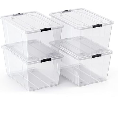 Lifetime Appliance Parts 4 PACK 75 Qt. Plastic Storage Bin Tote Organizing Container with Ultra Durable Lid & Secure Latching Buckles Stackable Extra Strength Clear w/Black Handle