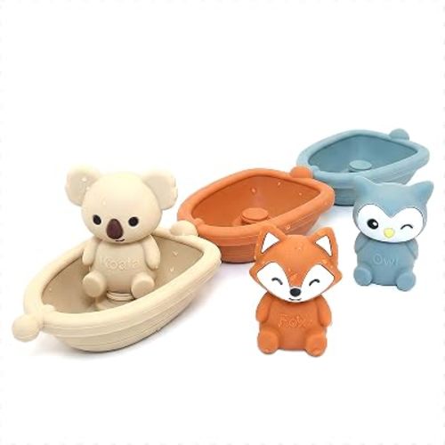 Silicone Bath Toys for Toddlers, 6-Piece Floating Bathtub Toys Set with 3 Connectable Boats + 3 Finger Puppets, Safe Bath Time Toys for Kids 1-3 (Koala & Owl & Fox)