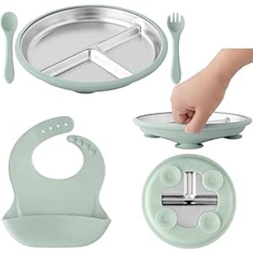 Stainless Steel Baby Plate Set, Baby Feeding Essentials– Removable Suction, Silicone Bib, Spoon & Fork – BPA-Free Weaning Kit for 6–18 Months, Soft Starter Utensils (Sage Green)