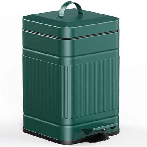 CEROELDA Small Trash Can with Lid-5L/1.3 Gal,Stainless Steel Outdoor Dog Poop Garbage Can-Farmhouse Retro Metal Waste Bin w/Step Pedal for Bathroom Bedroom Office-Soft Close-Green