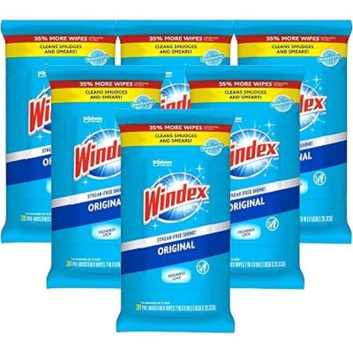 Windex Wipes Glass Cleaning, Pre-Moistened Glass and Surface Wipes to Clean Home Surfaces, Household Essentials, Original Scent, 38 Count (Pack of 6)