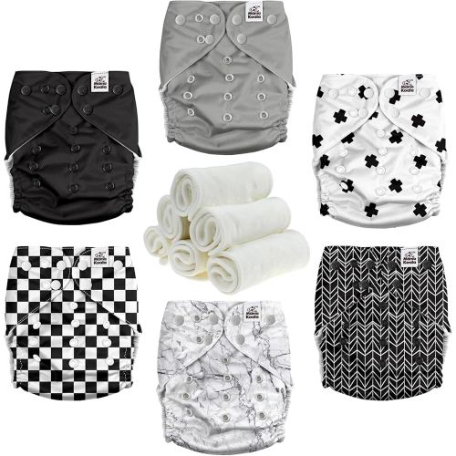 Mama Koala 3.0 Cloth Diapers for Babies with Suede Lining, 6 Pack with 6 Natural Cloth Diaper Inserts - Reusable and Washable Pocket Diapers (S-B&W)