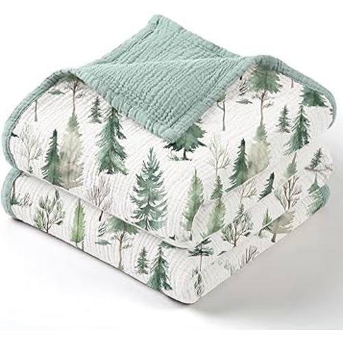 lulumoon Muslin Baby Blanket Neutral: Lightweight Cotton Blanket with Woodland - Ideal for Newborn to Toddler 47"x47" (Pine Forest)