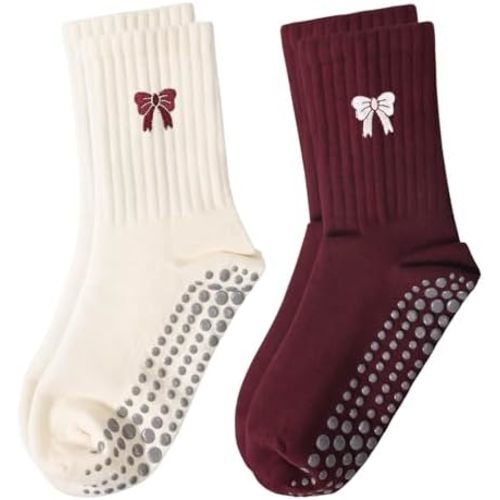 Women's Pilates Grip Socks, Ruffle Non Slip Bow Pattern Yoga Socks