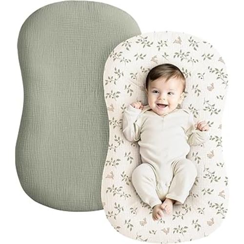 Konssy Muslin Baby Lounger Cover 2 Pack, 100% Cotton Newborn Lounger Cover, Soft and Breathable Lounger Slipcover for Boys Girls, Covers Only (Rabbit,Fog Green)