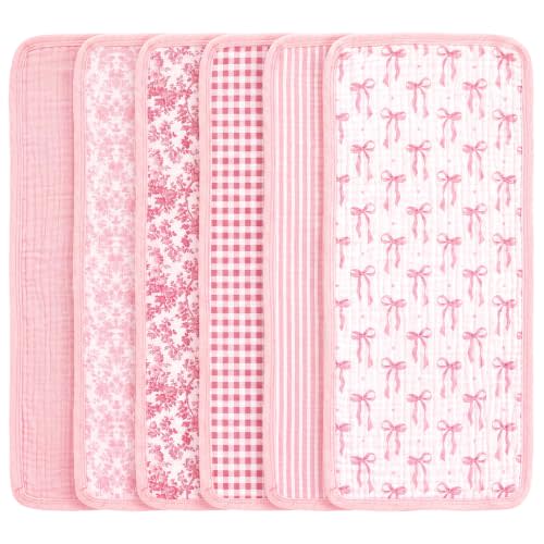 Gilprop 6 Pack Pink Muslin Baby Burp Cloths for Baby Girls | 21''x10'', Large 100% Cotton Burping Cloths, Pink Bow Printing, Soft Absorbent Spit up Burp Rags for Nursery Newborn Girls