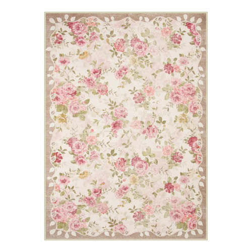 Nina Washable Romantic Vintage Floral Rose Garden Pink and Beige Rug