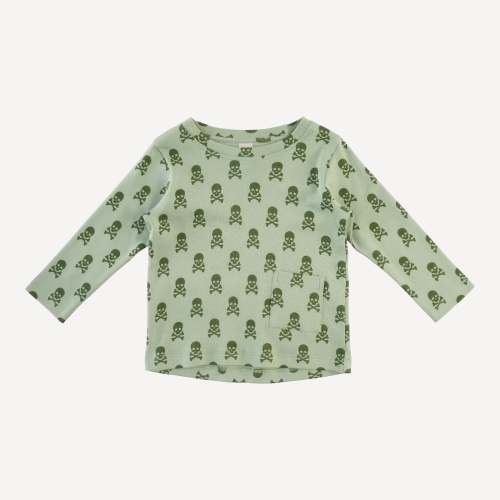 long sleeve pocket boxy tee | green skulls | organic cotton interlock