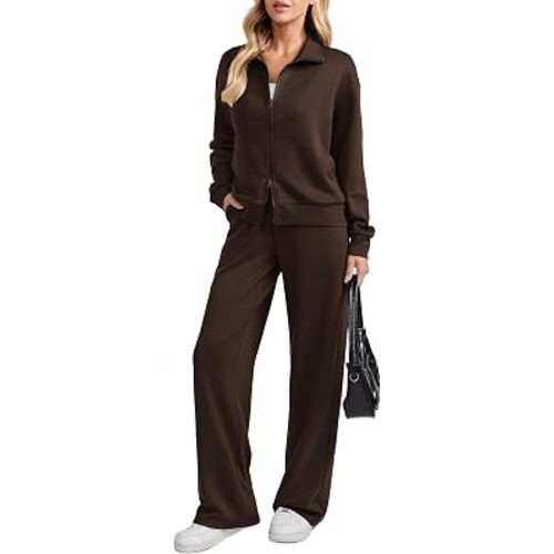 PINSPARK 2 Piece Sets for Women Two-Way Zip Top Wide Leg Pants Tracksuit