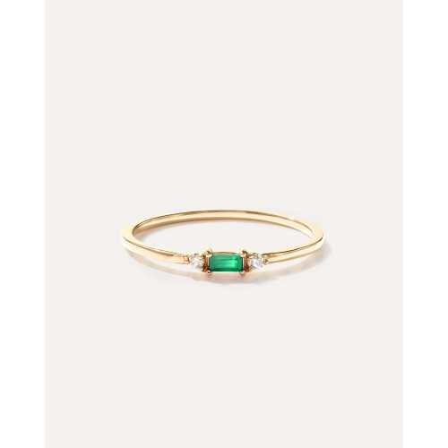 14k Gold Baguette Gemstone with Diamonds Ring in Emerald