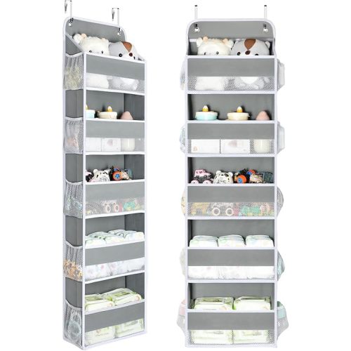 Yecaye 2 Pc Over The Door Organizer with 5 Bins 10 Side Pockets, 44lbs Load Hanging Bathroom and Bedroom Organizer, Behind The Door Hanging Organizers for Nursery Newborn Baby Essential Stuff Grey