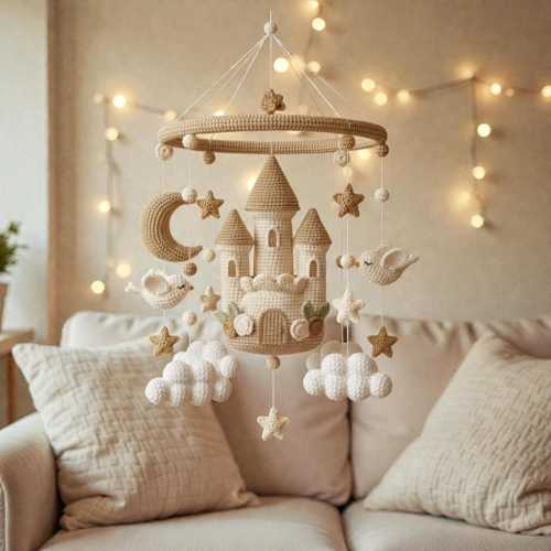 Crochet Castle Hanging Mobile, Fairytale Castle Yarn Decor, Moon Star Cloud Mobile, Handmade Fantasy Room Decor