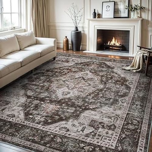 MontVoo-Area Rug 6X9 Rugs for Living Room-Brown Machine Washable Rug-Soft Living Room Rug-Vintage Non Slip Carpet-Rugs for Bedrooms Dining Room Living Room Office