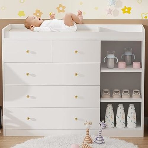 Baby Changing Table Dresser Diaper Change Table with 5 Drawers Storage Changing Station Dresser for Infant Mobile Nursery Organizer for Newborn,White
