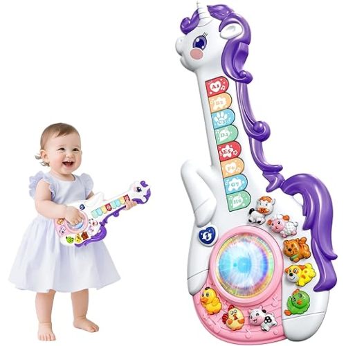 Marstone Toys for 1 Year Old Girl Birthday Gifts: Baby Musical Unicorn Toys 12-18 Months, Educational Cartoon Guitar for Toddlers 1-2, Infant 1st First Interactive Learning Birthday Present