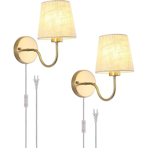LASENCHOO Plug in Wall Sconces Set of Two, Modern Wall Lamp with Plug in Cord 6.56ft & On/Off Switch with Fabric Lampshade, Gold Sconces Wall Lighting Fixture for Bedroom Bedside Living Room Porch