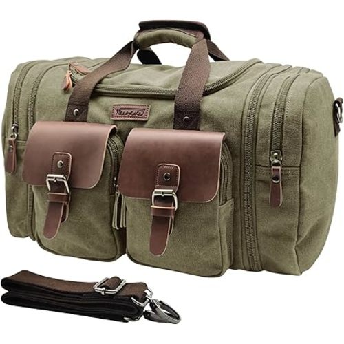 Wildroad 50L Travel Duffel Bag, Expandable Canvas Genuine Leather Duffle Bag Upgraded Overnight Weekender Carry on Bag