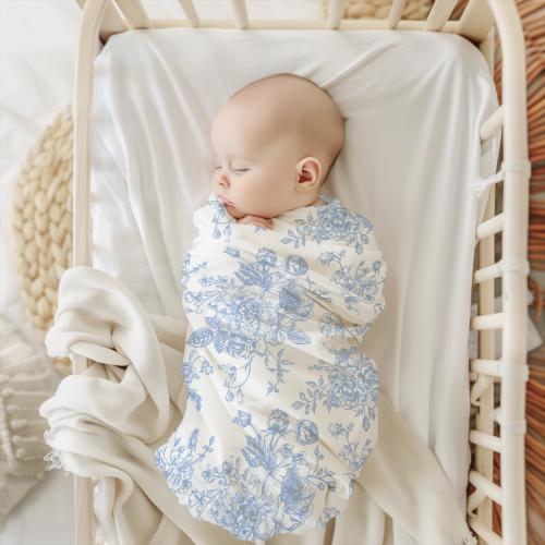 Blue and White Rose French Baby Swaddle Blanket, French Toile De Jouy blue rose baby blanket