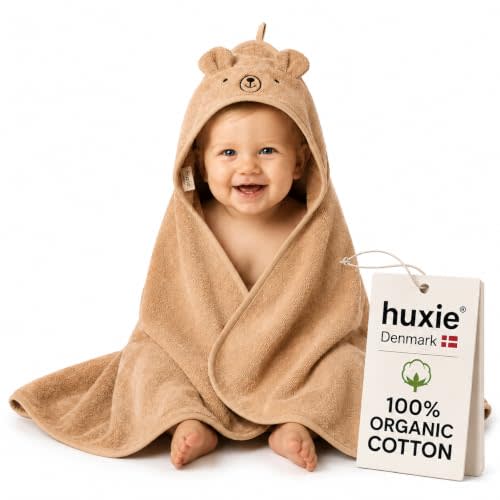 Hooded Baby Towel – 100% Organic Cotton Baby Bath Towels – Baby Boy and Girl Newborn Essentials - Super-Soft and Absorbent. (Bear - Natural)