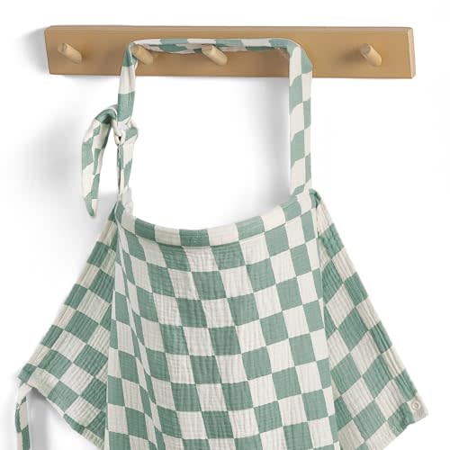 Blissful Diary Muslin Nursing Cover for Breastfeeding, Breathable Breastfeeding Cover up with Arch Neckline for Women, Nursing Apron (Sage Checkboard)