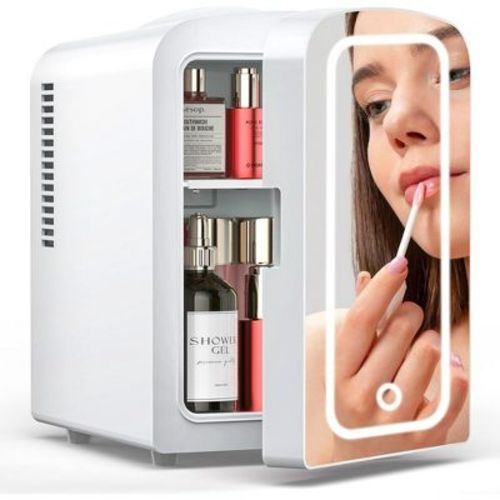 Kismile Mini Fridge with Dimmable LED Mirror, 4L Capacity for Refrigerating Makeup, Skincare and Food & Drink (White)
