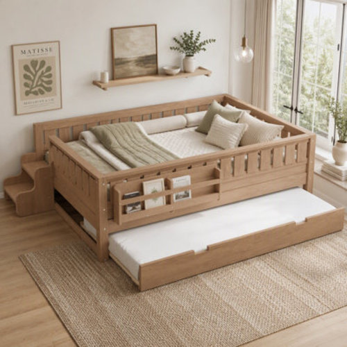 Corrigan Studio® Wooden Montessori Floor Bed with Bookshelves and Staircase and Trundle | Wayfair