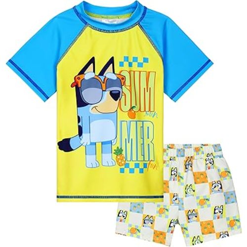 Bluey Swimsuit Set for Boys Kids Toddler Swimwear 2 Piece Swim Suit Trunks and Rash Guard Holiday (3-4 Years, Yellow)