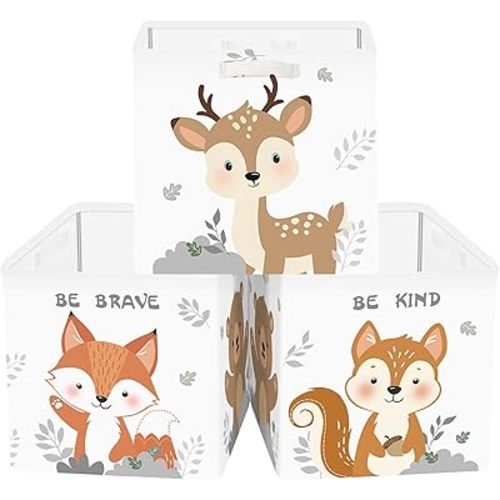 Clastyle Cute Animals Storage Cube Organizer Set Leaves Closet Clothes Cube with Metal Frame Foldable Parents Organizer Storage Basket for Book Toy,Fox Deer,11.8x11.8x11.8 in