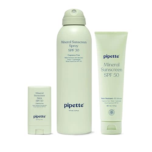 Pipette Baby Clean Mineral Sunscreen Trio, Includes Spray SPF 30 (6 Oz), Stick SPF 50 6 oz (0/6 oz), and Water-resistant Sun Lotion (3 oz), Zinc Oxide Mineral Sunscreen, UVB/UVA Sunblock for Kids