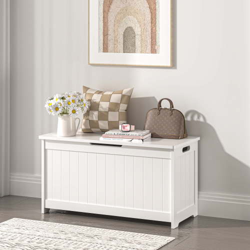Kids Toy Box, White Wooden Toy Chest Organizer with Safety Hinged Lid, Entryway Storage Bench Supports 100 lbs, Toy Storage Chest for Bedroom, Toddler Room, L0289