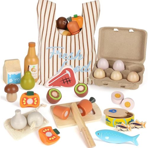 Lehoo Castle Wooden Play Food Sets for Kids Kitchen, Pretend Play Toys