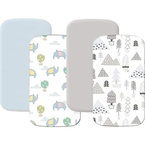 4 Pack Stretchy Bassinet Sheets 20" x 35" Compatible with Newton, Ezebaby, Angelbliss, AMKE(3 in 1) & Other Large Bedside Sleeper - Soft Breathable Fitted Bassinet Sheets for Baby - Blue & Grey Forest