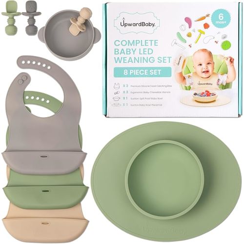 UpwardBaby Led Weaning Supplies - Suction Plates for Baby - Spoons Self Feeding 6 months Bowls Silicone Plates Bowls Self Eating - Toddler/Infant First Stage BLW Utensils 6-12 Months