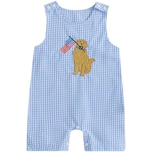 4th of July Baby Boy Outfit Flag Dog Embroidery Romper Plaid Sleeveless Jumpsuit One Piece Memorial Day Clothes
